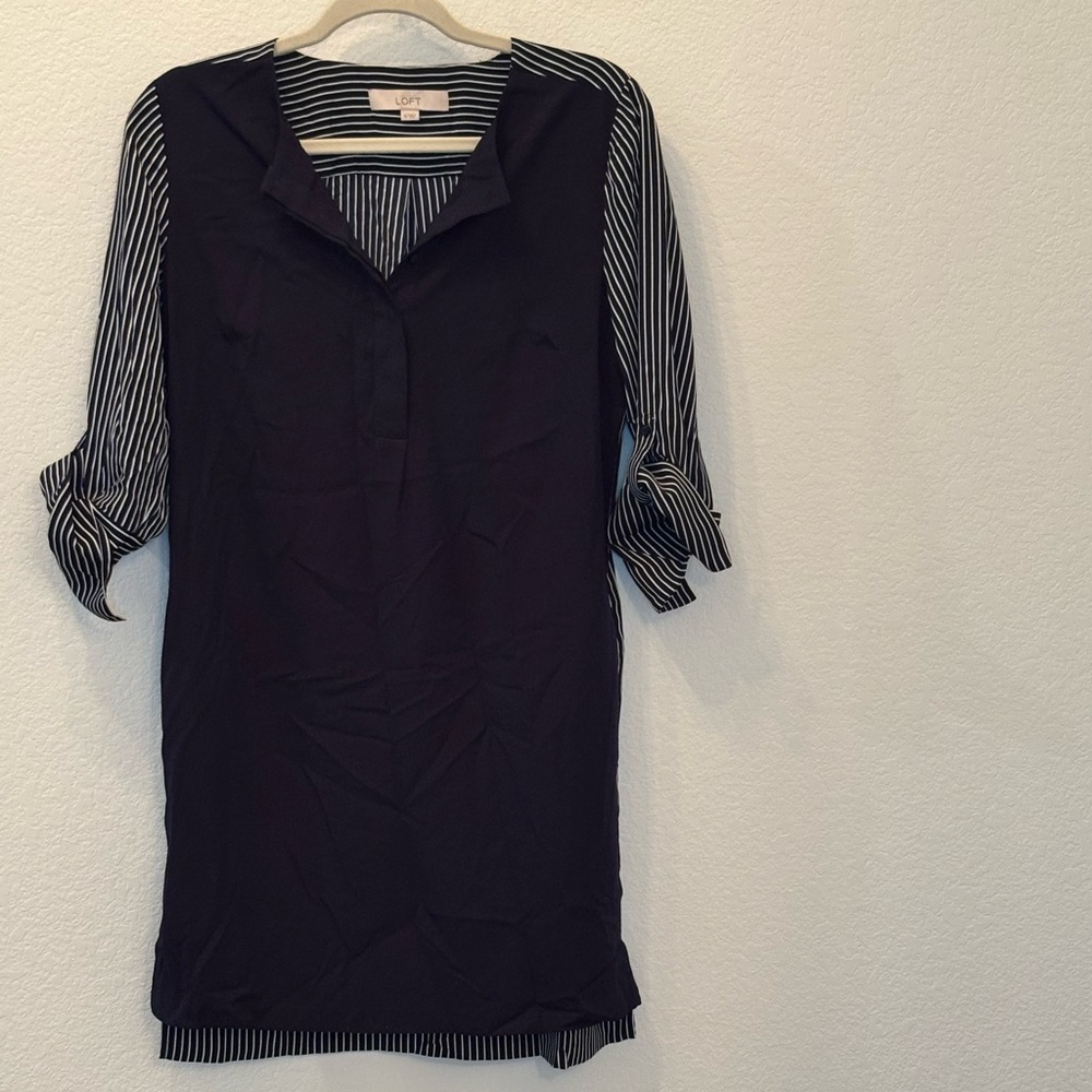LOFT Black and White Striped Long Sleeve Dress